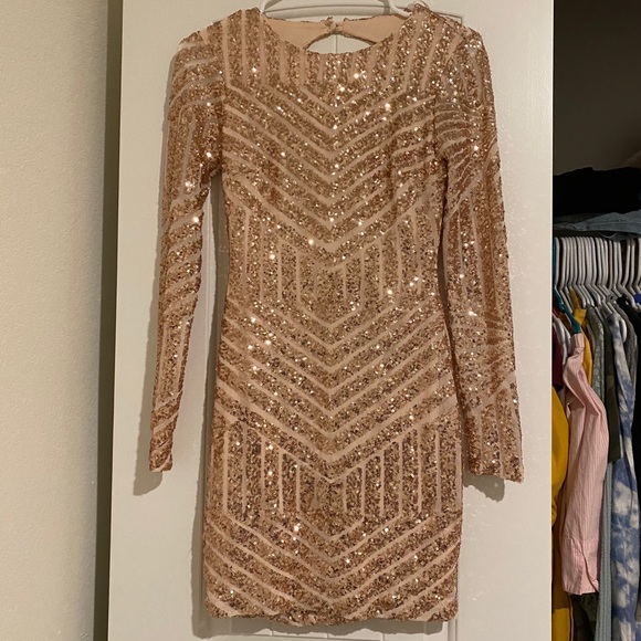 B Darlin Rose Gold Long Sleeve Backless Dress - Picture 3 of 5
